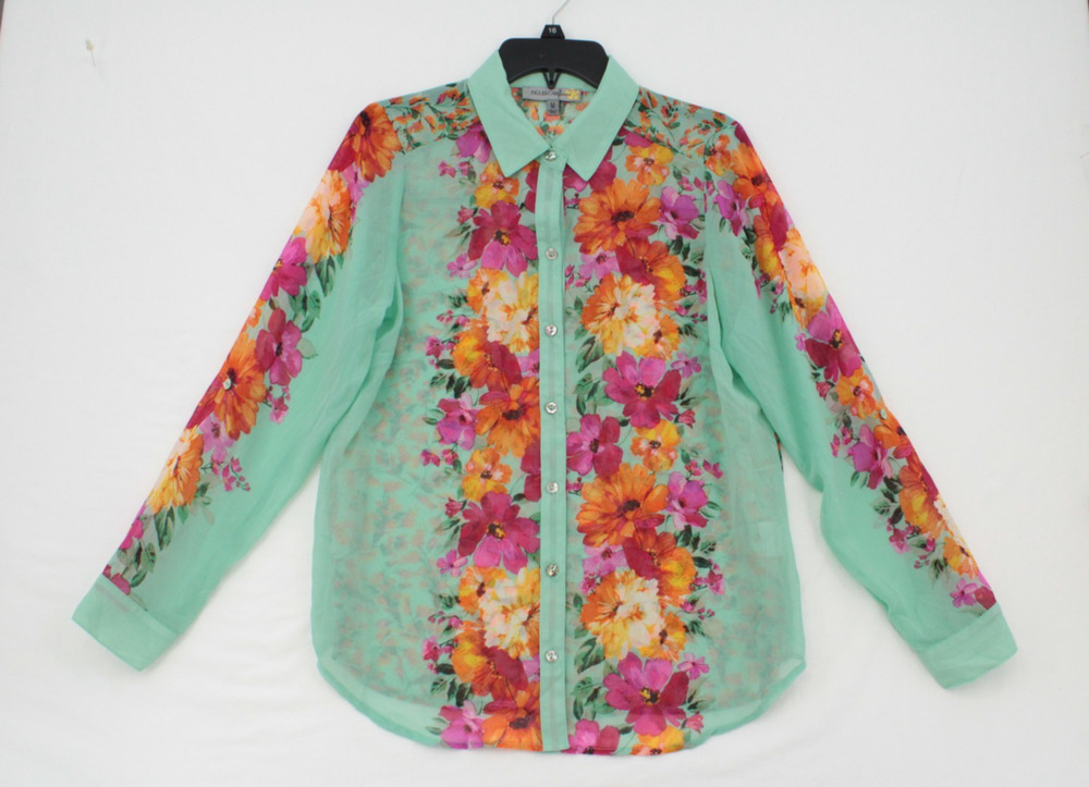 FIGUEROA & FLOWER Long sleeve Chiffon Top Button up Blouse Floral Print Medium